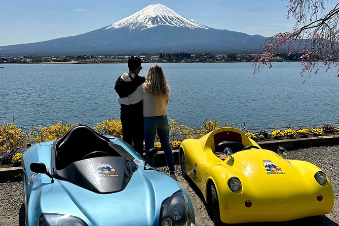 Cute & Fun E-Car tour following guide around Lake Kawaguchiko - Crossing Kawaguchiko Bridge with Fuji ahead